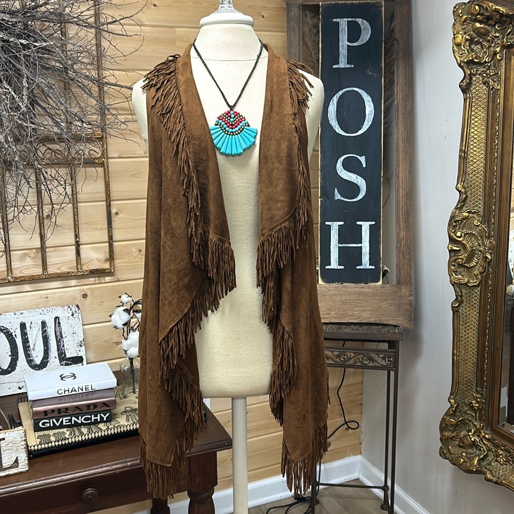 Faux suede fringe cardigan